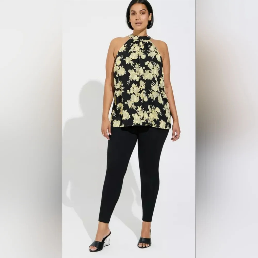 Torrid Clip Chiffon Yellow Black Floral Print Mock Neck Halter